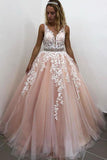 A Line V Neck Tulle Lace Appliques Long Prom Dress Formal Evening Dress School Party Gown OK1019