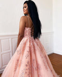 A Line Tulle Long Prom Dress with Appliques and Beading Popular Formal Dress OK1021