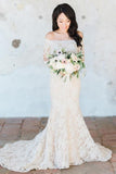 Cheap Off Shoulder White Lace Long Sleeves Mermaid Wedding Dress OK569