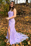 Strapless Mermaid Lilac Lace Long Prom Dress with Slit Formal Evening Dress OK1150