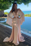 Simple Cold Shoulder Chiffon Long Prom Dresses Pink Slit Evening Dress OKQ49