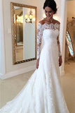 Long Sleeves Lace A-line Boat Neckline Ivory Long Bridal Dresses Wedding Dresses W33