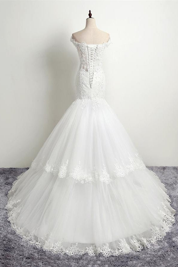 Mermaid Boat Neckline Open Back Lace Up White Long Wedding Dress W25