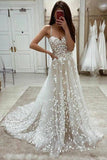 A-line Lace Appliqued Spaghetti Straps Wedding Dresses ,Fashion Long Tulle Bridal Dress OKZ35