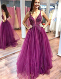 A Line Purple Tulle Beading Long Prom Dress with Appliques OKH93