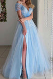 A Line Off the SHoulder Tulle Long Prom Dress With Slit Formal Gowns OK1181