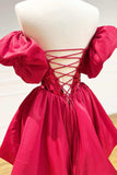 Red Cut Glass Mirror Strapless A-Line Cocktail Dress with Puff Sleeves Short Homecoming Dress OK1739