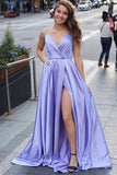 V-neck Simple Long Prom Dress with Slit Evening Dress Formal Party Dress OK1099