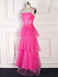 Hot Pink A Line Ruffles Tulle Prom Dress Long Evening Party Gowns OK1609