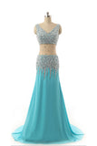 V-neck Light Sky Blue Beaded Long Prom Evening Dress K14
