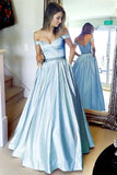 Stunning A-line Off the shoulder Sky Blue Long Prom Dresse's with Pocket OKJ15