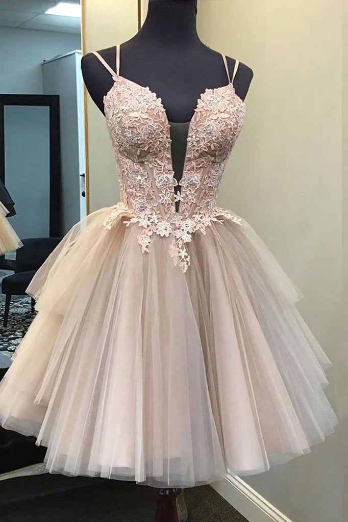 A Line Tulle Lace Appliques Short Homecoming Dresses, Cute Prom Dresses OKQ6