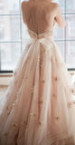 Vintage Strapless Sweetheart A Line Flower Tulle Pearl Pink Wedding Dresses OK589