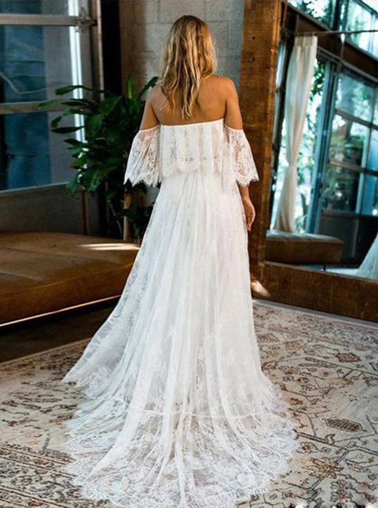 Off the Shoulder Long A Line Lace Beach Wedding Dresses OK1792