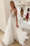 V Neck Tulle Appliques A Line Spaghetti Straps Beach Wedding Dresses OK1794