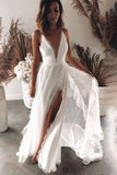 V Neck Side Slit Backless Lace  A Line Floor Length Beach Wedding Dresses OK1787