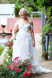 Ivory Sweetheart Tulle A Line Off Shoulder With Floral Patterns Beach Wedding Dresses OK1788