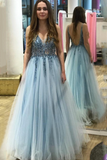 A Line Tulle V Neck Long V Back Prom Dress With Beading School Dance Dress OK1018