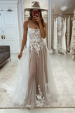 Sexy A Line Tulle Off White Lace Appliques Straps Backless Wedding Dress OK1593