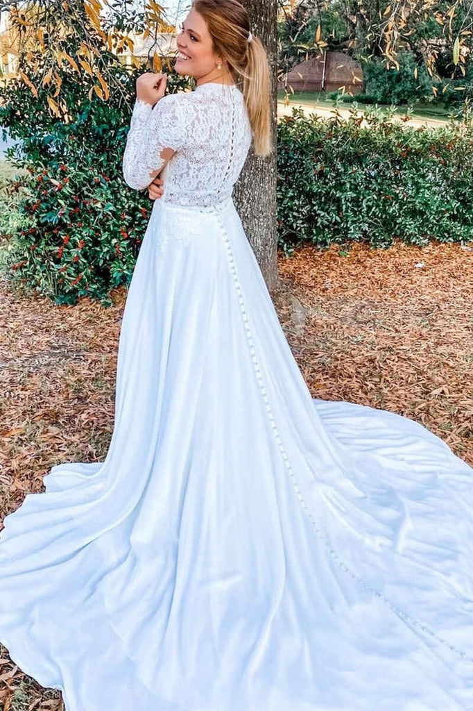 Elegant White Lace High Collar Long Sleeves Long Wedding Dress OK1620