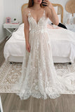 A Line V Neck Lace Appliques Tulle V Back Long Wedding Dress OK1097