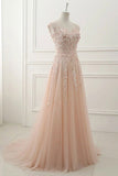 Simple Round Neck Lace Appliqued Prom Dress Tulle A Line Evening Dress OK427
