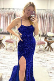 Black Sequin Mermaid Spaghetti Straps Long Prom Dresses with Slit OK1689