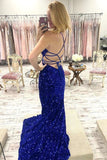 Black Sequin Mermaid Spaghetti Straps Long Prom Dresses with Slit OK1689