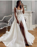 Graceful Sleeveless Ivory Satin Front-Split Wedding Dress With Lace Appliques OK1089
