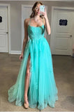 Turquoise Spaghetti Straps Split Evening Dress Appliqued Backless Long Prom Dress OK1331