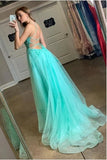 Turquoise Spaghetti Straps Split Evening Dress Appliqued Backless Long Prom Dress OK1331