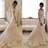 Long Sleeves Lace A-line Boat Neckline Ivory Long Bridal Dresses Wedding Dresses W33