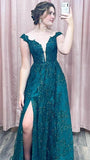 A Line Dark Green Off the Shoulder Lace Long Prom Dress Formal Evening Gowns OK1242