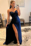 Navy Blue Sweetheart Sheath Long Prom Dress with Slit Evening Party Dresses OK1897