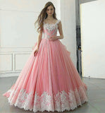 Pink Ball Gown Appliqued A Line Long Prom Dresses,Pretty Quinceanera Dress OK253