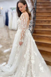 Off White Appliques Long Sleeves Backless A-Line Tulle Long Wedding Dress OK1910