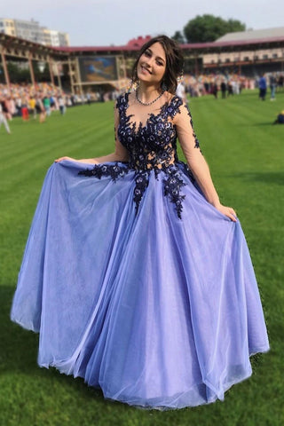 A Line Long SLeeves Blue Lace Appliques Prom Dress OKP84