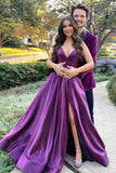 V Neck Backless Purple AQ Line Satin Long Prom Dress with High Slit OK1966