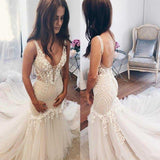 Charming Mermaid Ivory Sexy Sleeveless Lace Wedding Dresses OKC82