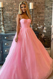 Shiny A Line Pink Tulle Spaghetti Straps Sparkly Long Prom Dress OK1969