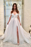 Stunning A Line Off-The-Shoulder Sleeveless Striped Wedding Dress With Split OK1093