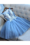 Blue Tulle A Line Lace Appliques Short Homecoming Dress OKC51