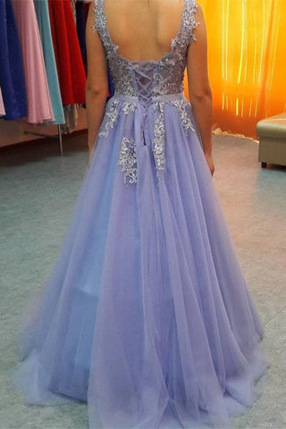 Lavender Lace Up Backless V-neck Lace Beading Tulle Prom Dress K718