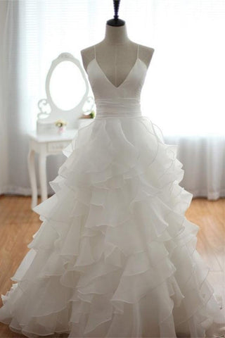 Elegant Spaghetti Straps Long V-neck White Backless Wedding Dress W38