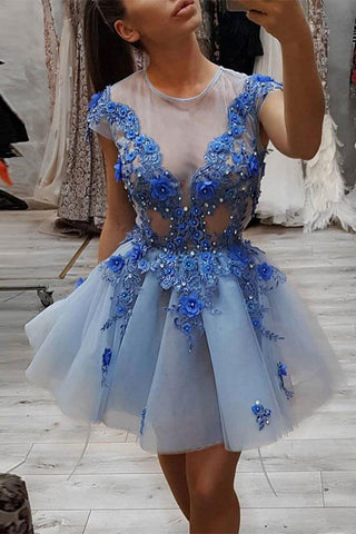 Blue Round Neck Lace Appliques Short Prom Dresses, Blue Tulle Evening Dress OKP52