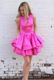 A-line Tired Skirt Round Neck Homecoming Dress Short Satin Party Ball Gown OKZ65