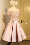 Off-the-Shoulder Short Prom Dress,A Line Appliques Bow-knot Homecoming Dress OKC85
