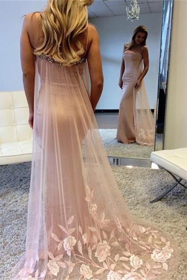 Mermaid Sweep Train Long Pink Spaghetti Straps Beauty Prom Dress K751