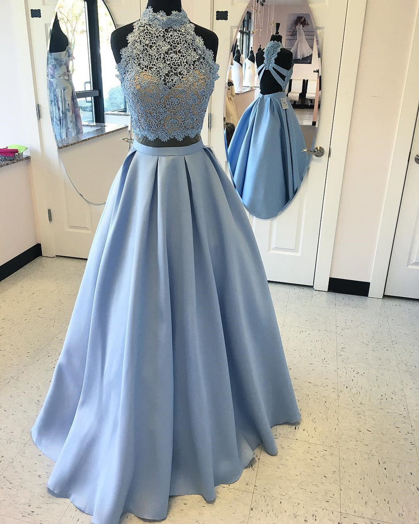 2 Piece Satin High-Neck Prom Gown,Floor Length Prom Dress With Lace Top OKC76