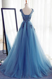 Charming Long Tulle Handmade A Line Blue Prom Gowns,Best Formal Women Dresses OK243